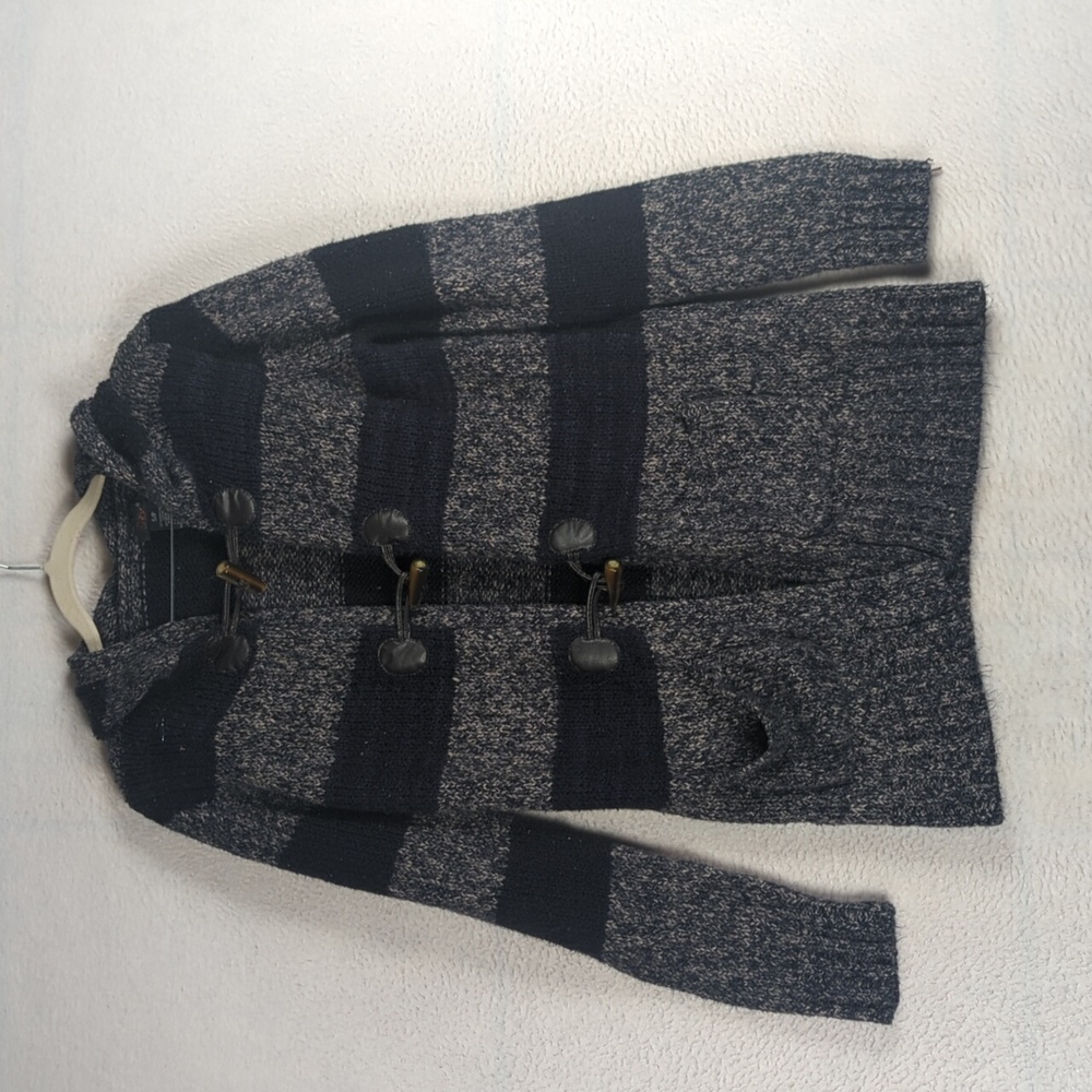 Dex Women's Navy Striped Knit Long‎ Hooded Cardigan Sweater Size S